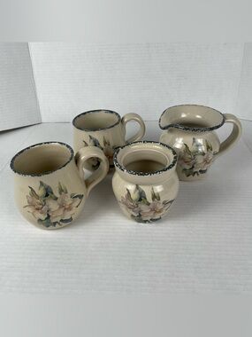 Vintage Home & Garden Party Stoneware Magnolia 4pc Set Cups Cream Sugar Canister